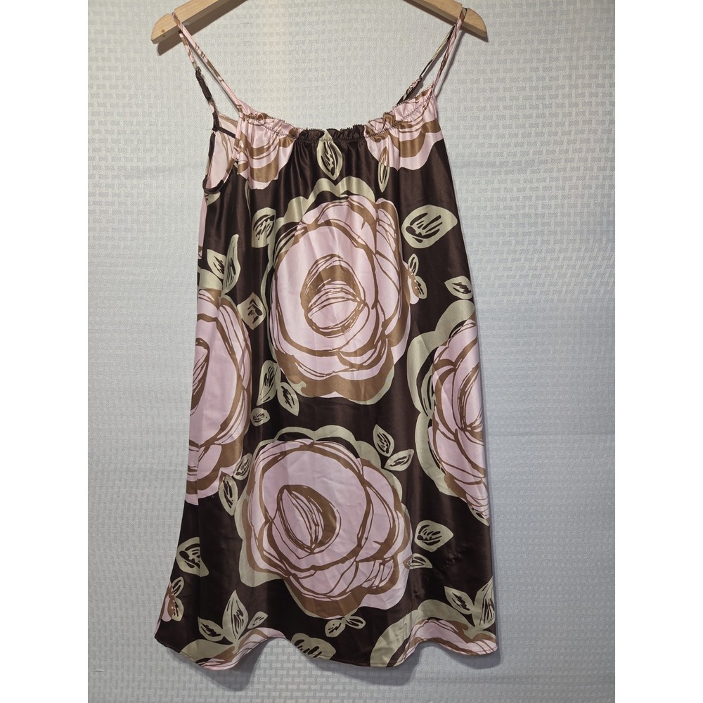Pink K Floral Slip Dress Brown Pink Beige Large Rose Print‎ Satin Look Small